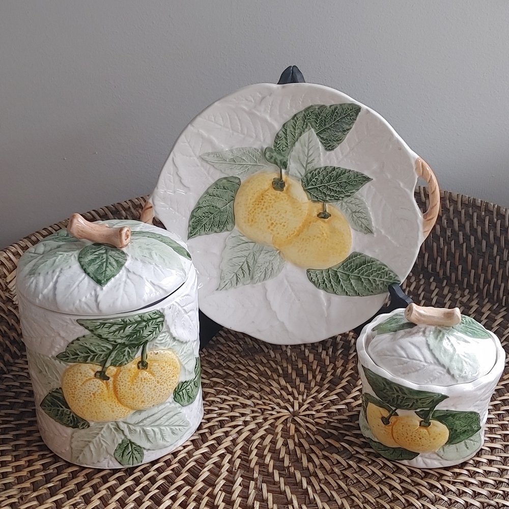 Ceramic Lemon Plate With Handles and Two Matching Canisters
